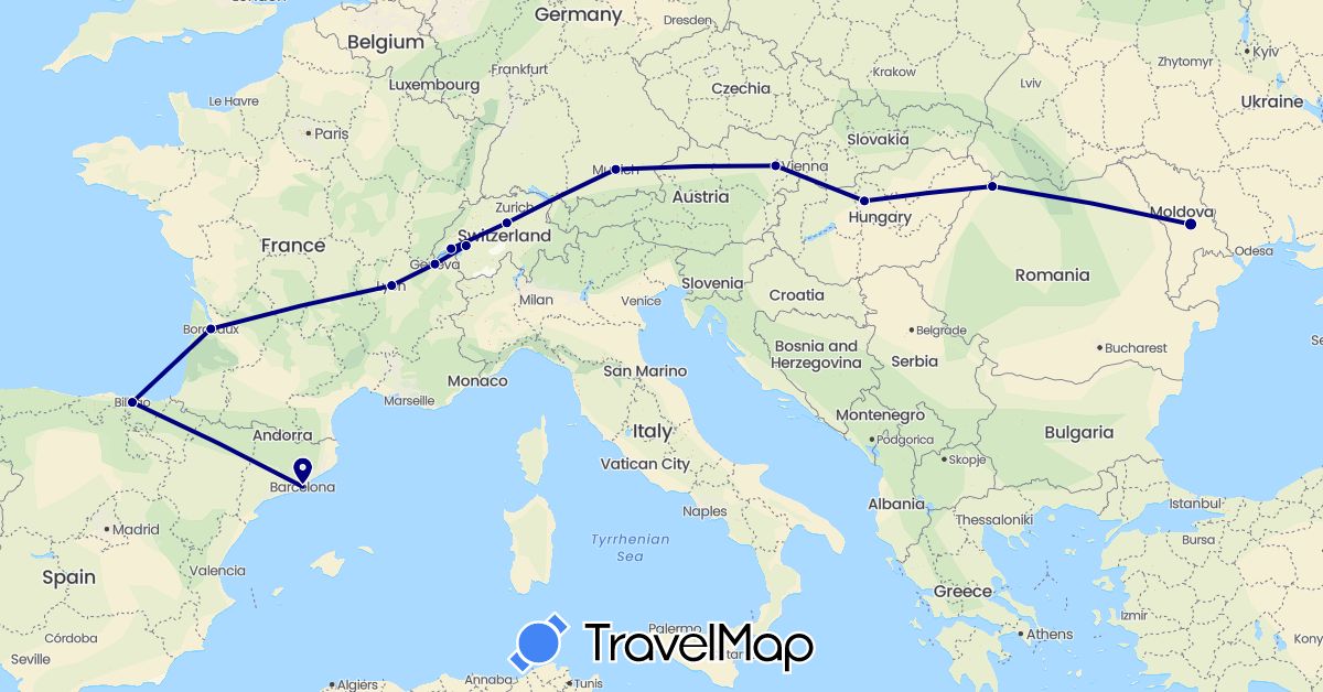 TravelMap itinerary: driving in Austria, Switzerland, Germany, Spain, France, Hungary, Moldova, Romania (Europe)